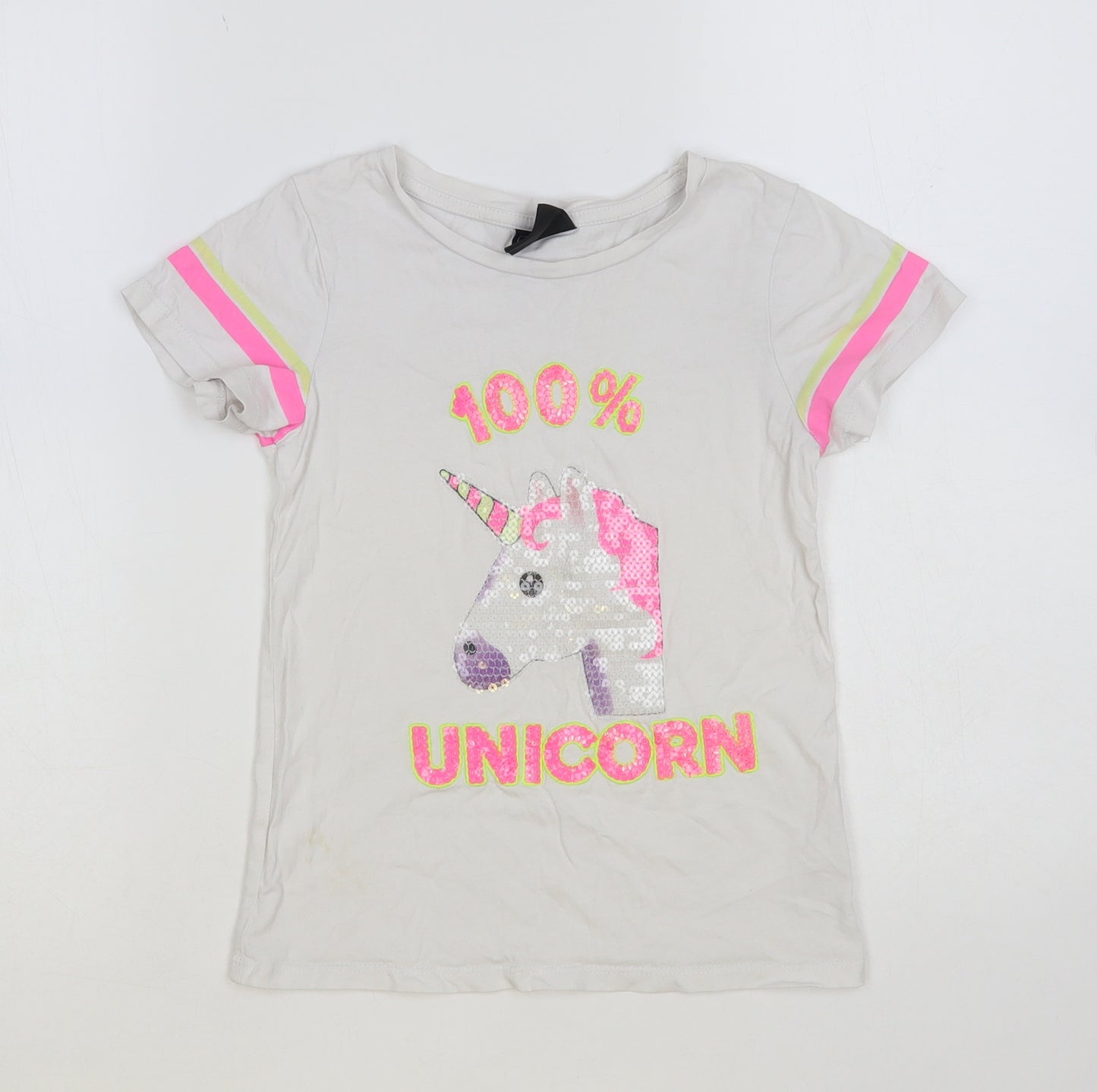 Primark Girls White Cotton Pullover T-Shirt Size 7-8 Years Crew Neck Pullover - Unicorn