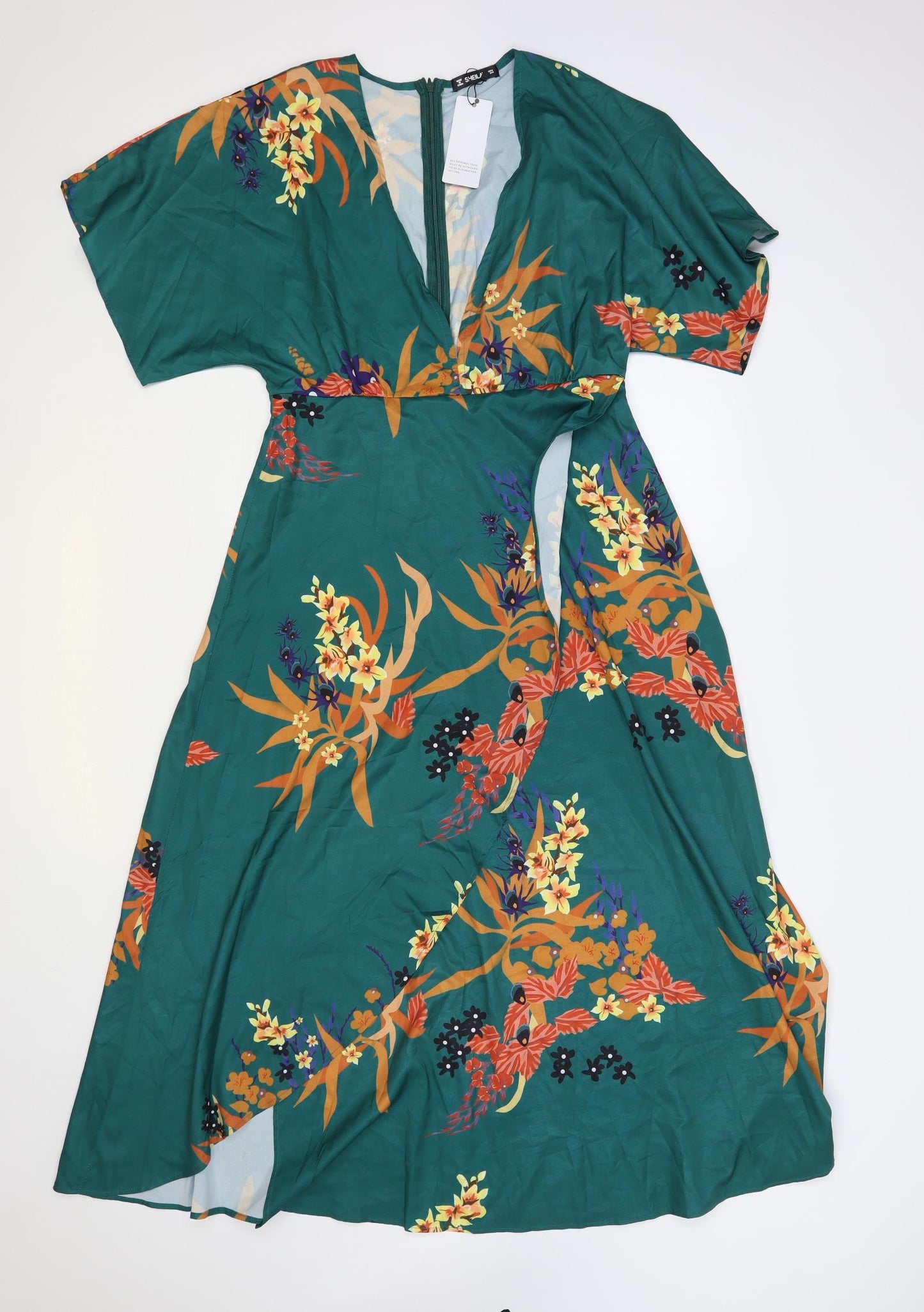 Sheilay Womens Green Floral Polyester Maxi Size M V-Neck Zip