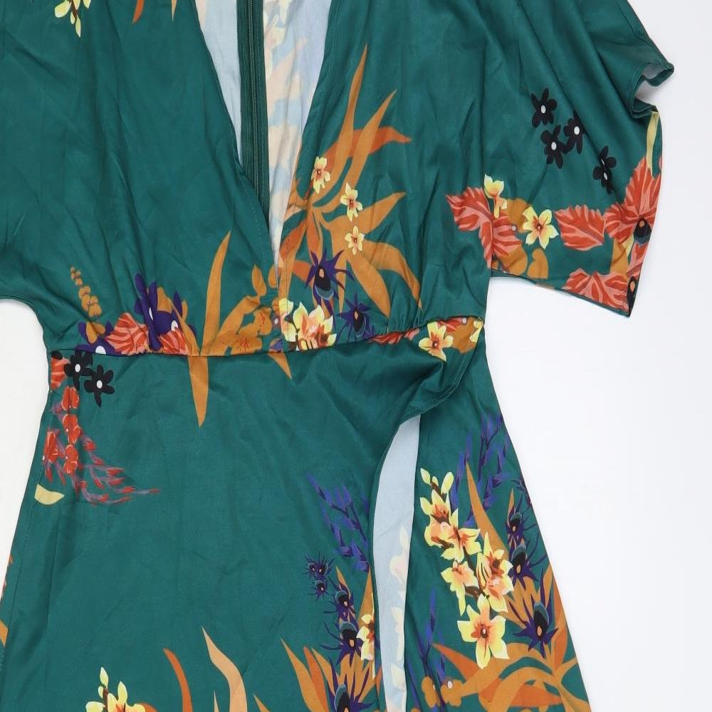 Sheilay Womens Green Floral Polyester Maxi Size M V-Neck Zip