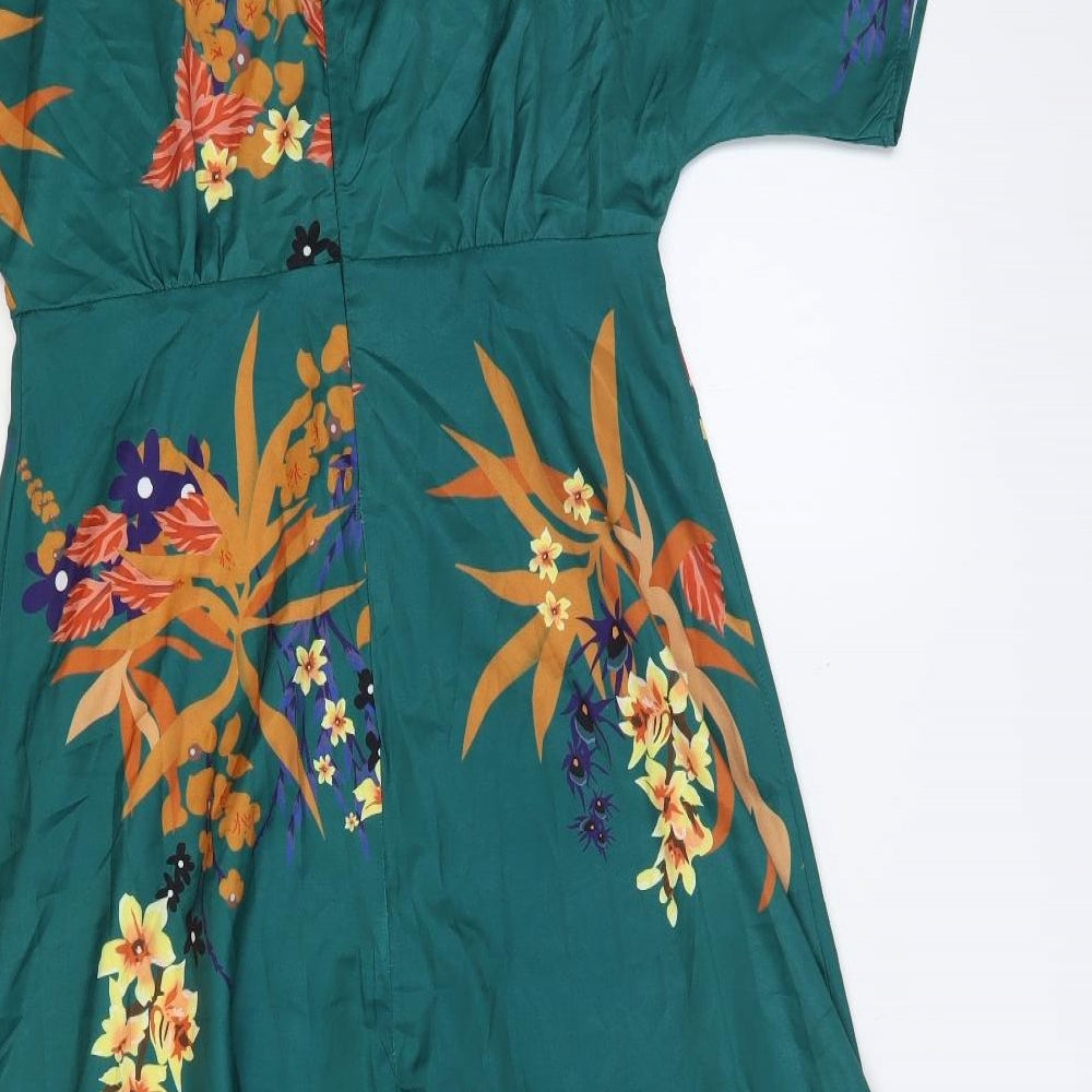 Sheilay Womens Green Floral Polyester Maxi Size M V-Neck Zip