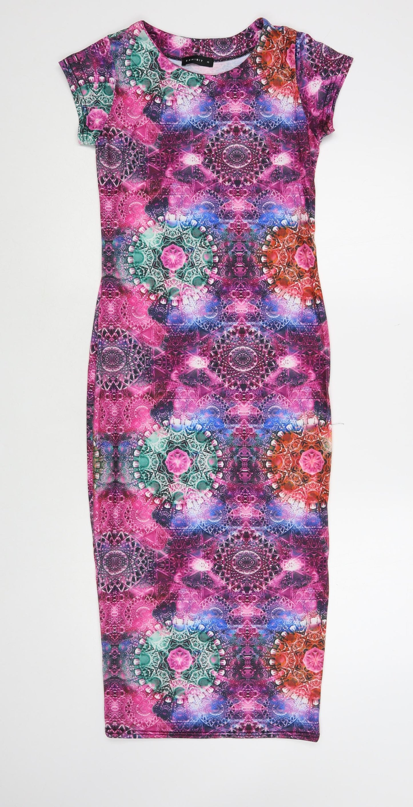 Exhibit Womens Multicoloured Geometric Viscose Bodycon Size 10 Round Neck Pullover