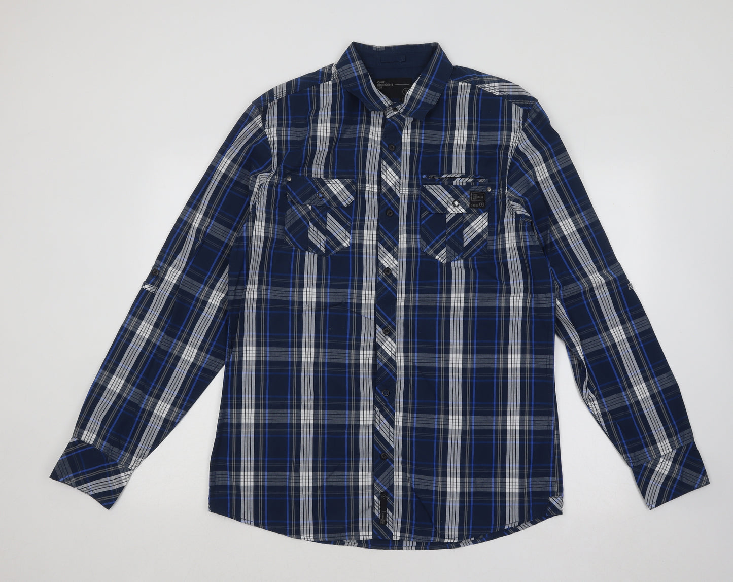 DNM Dissident Mens Blue Plaid Cotton Button-Up Size L Collared Button