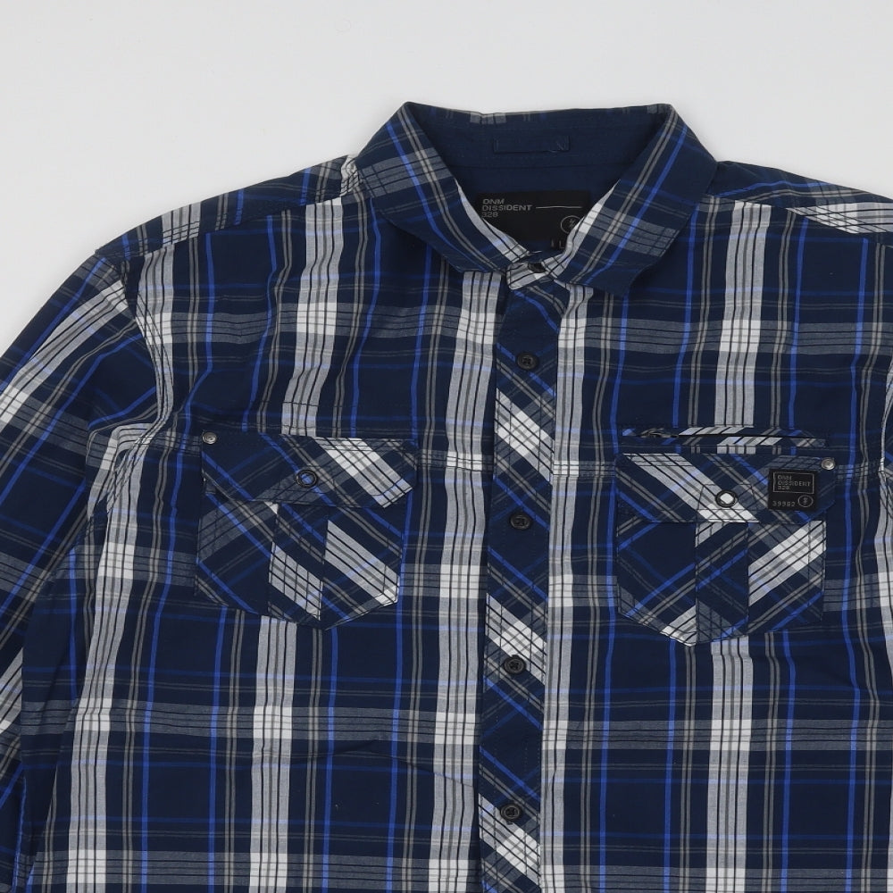 DNM Dissident Mens Blue Plaid Cotton Button-Up Size L Collared Button