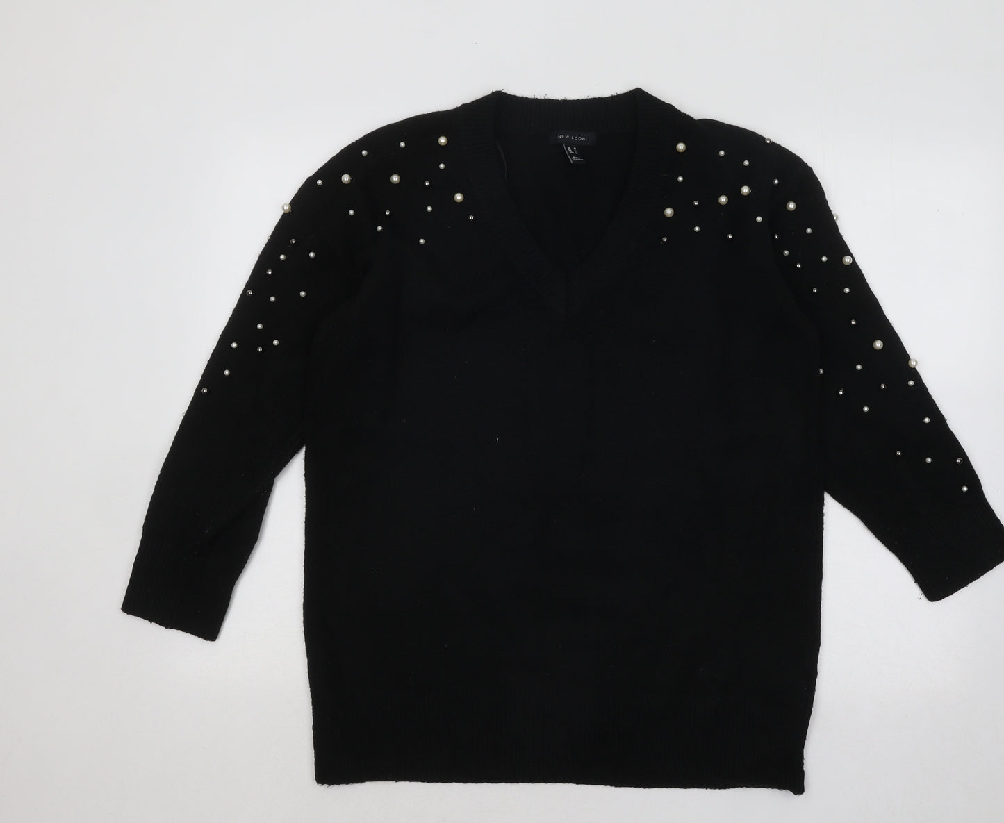 New Look Womens Black V-Neck Geometric Acrylic Pullover Jumper Size M
