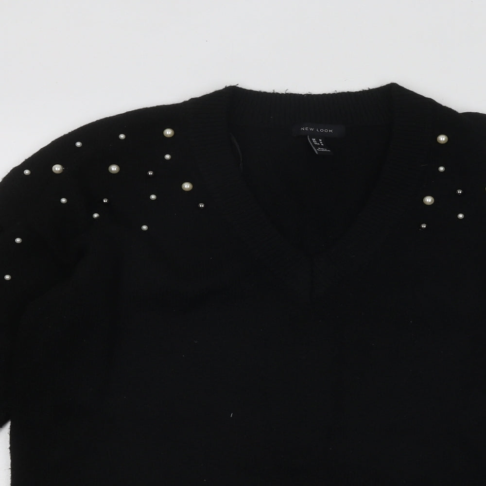 New Look Womens Black V-Neck Geometric Acrylic Pullover Jumper Size M