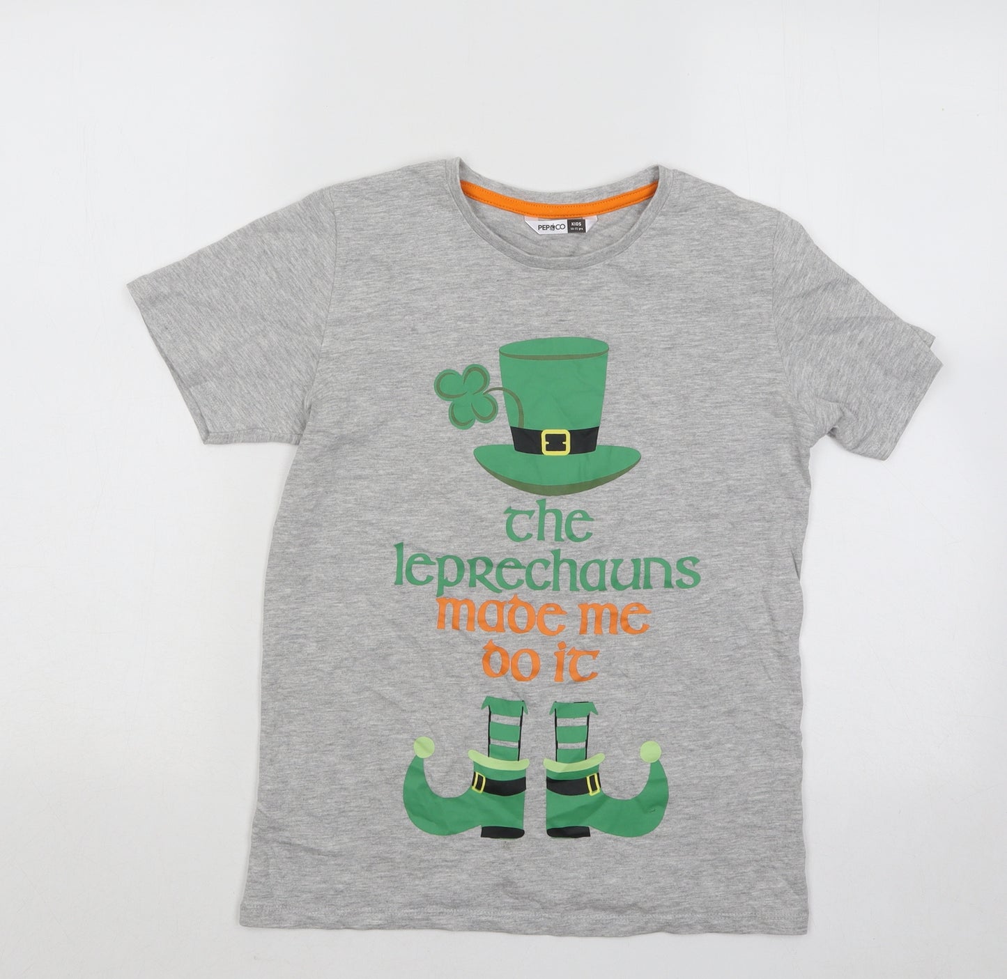 Pep&Co Boys Grey Cotton Basic T-Shirt Size 10-11 Years Round Neck Pullover - Leprechauns