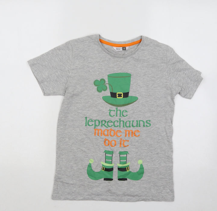 Pep&Co Boys Grey Cotton Basic T-Shirt Size 10-11 Years Round Neck Pullover - Leprechauns