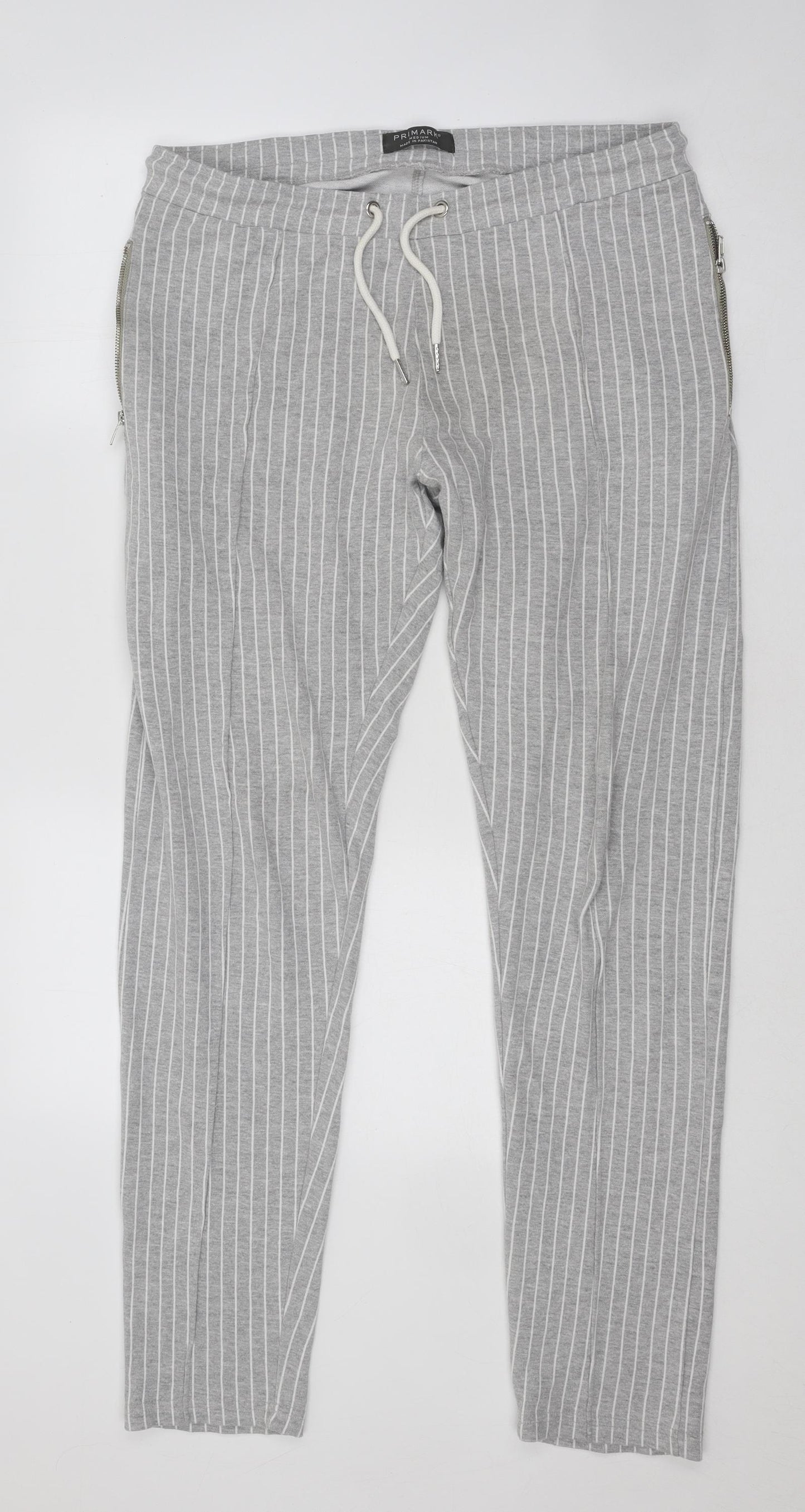 Primark Mens Grey Striped Cotton Jogger Trousers Size M L31 in Regular Drawstring