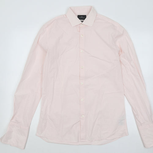 Moss London Mens Pink Geometric Cotton Button-Up Size 15.5 Collared Button