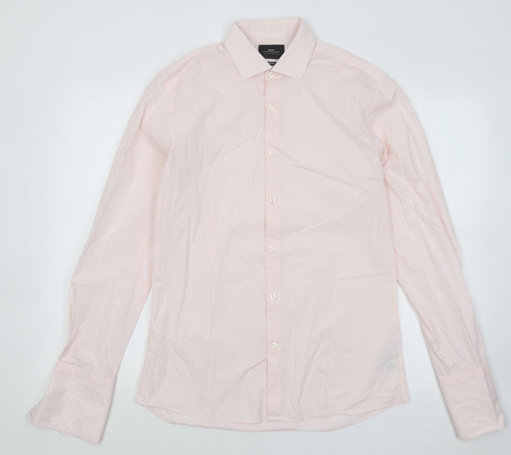 Moss London Mens Pink Geometric Cotton Button-Up Size 15.5 Collared Button
