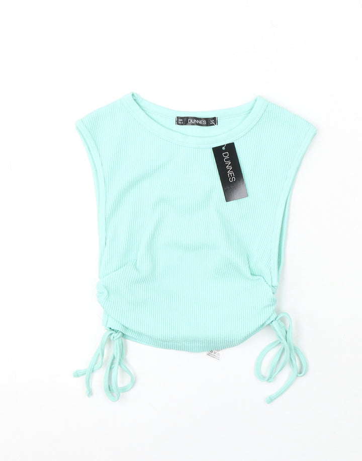 Dunnes Stores Womens Blue Polyester Cropped Tank Size XS Round Neck Pullover - Ruched sides