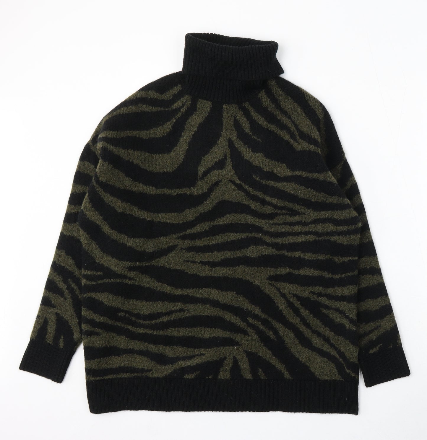 New Look Womens Green Roll Neck Animal Print Polyester Pullover Jumper Size M - Zebra Print