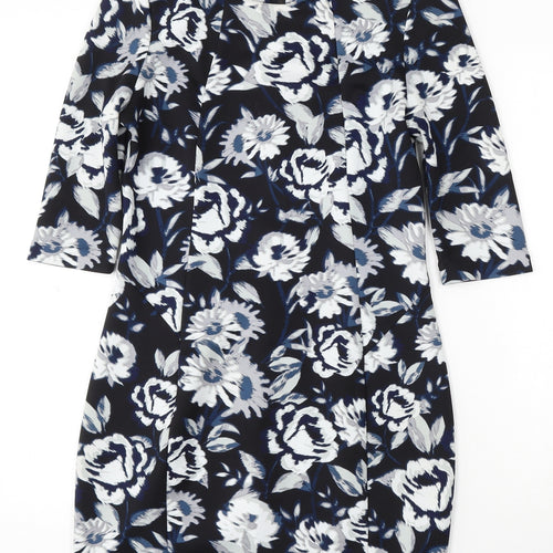 New Look Womens Blue Floral Polyester Bodycon Size 12 Round Neck Zip
