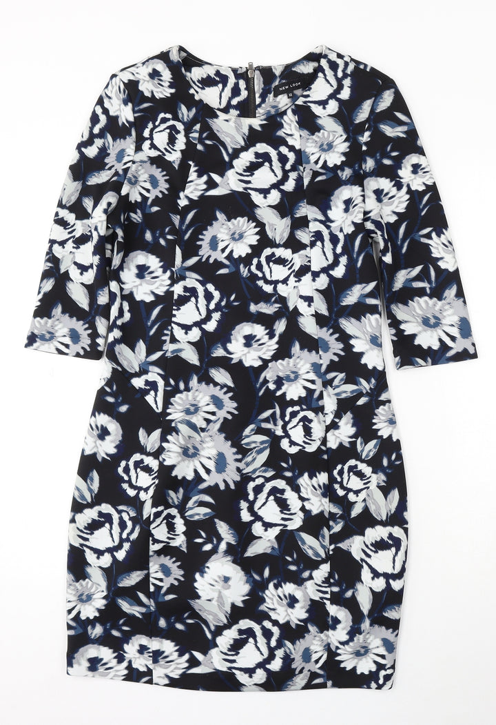 New Look Womens Blue Floral Polyester Bodycon Size 12 Round Neck Zip