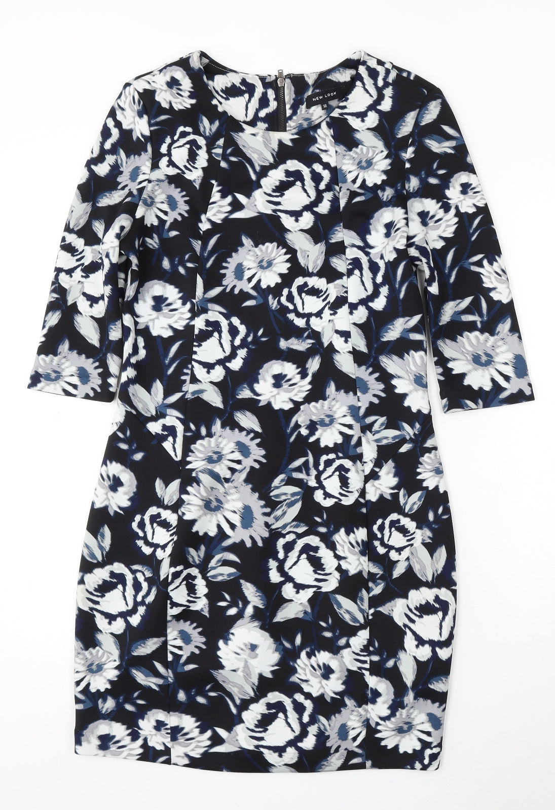 New Look Womens Blue Floral Polyester Bodycon Size 12 Round Neck Zip