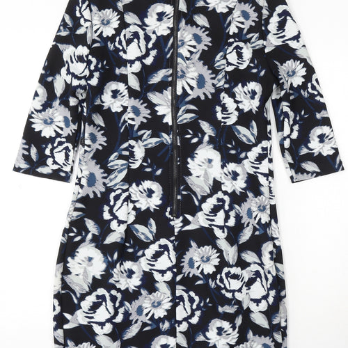 New Look Womens Blue Floral Polyester Bodycon Size 12 Round Neck Zip