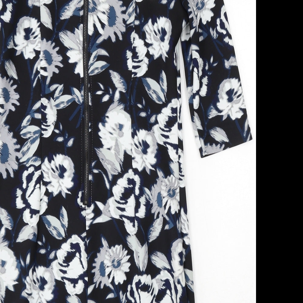 New Look Womens Blue Floral Polyester Bodycon Size 12 Round Neck Zip