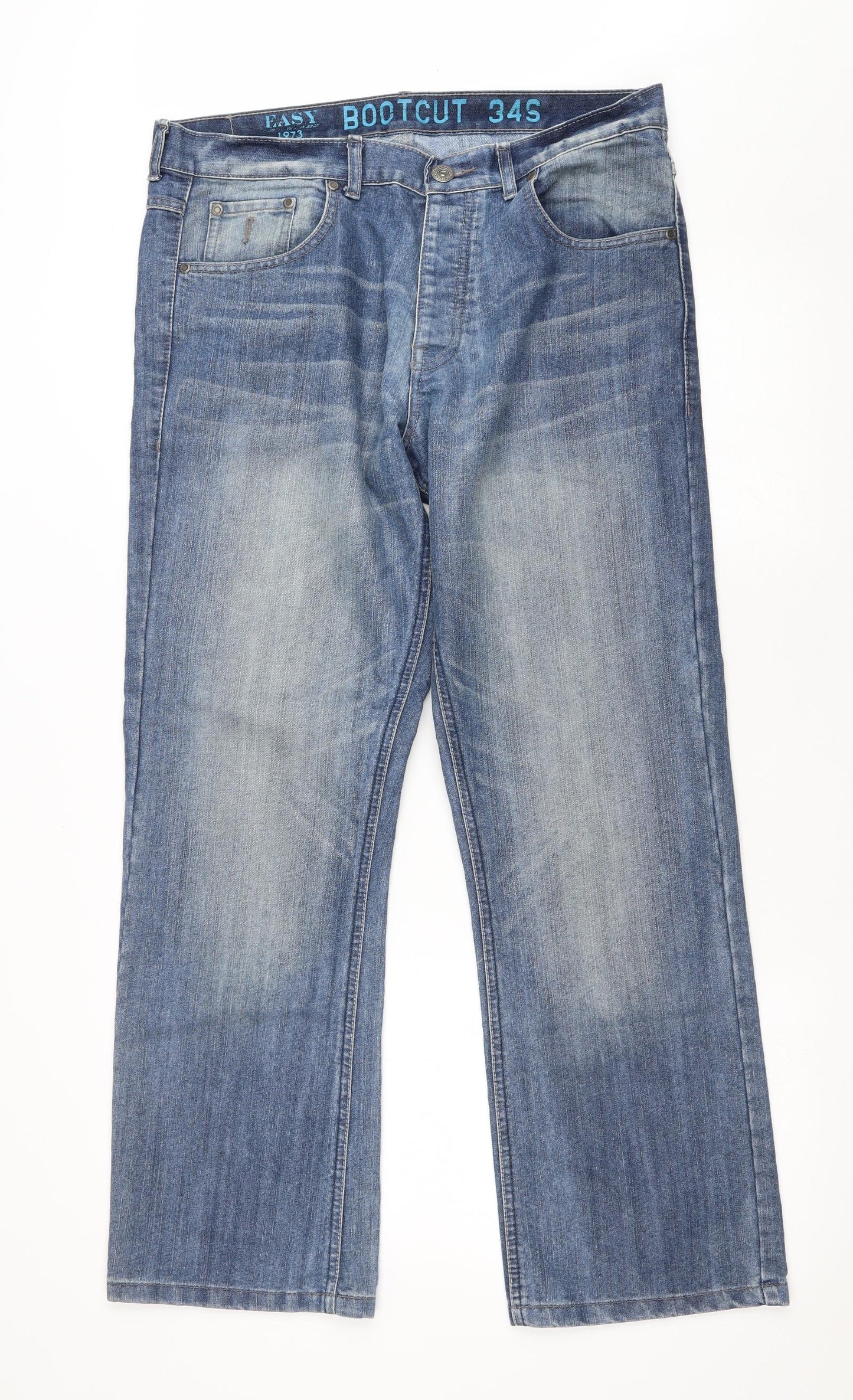 Easy Mens Blue Cotton Bootcut Jeans Size 34 in L28 in Regular Button