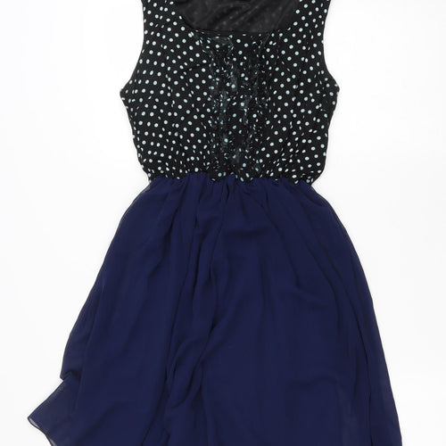 Angel Eye Womens Blue Polka Dot Polyester Fit & Flare Size L Scoop Neck