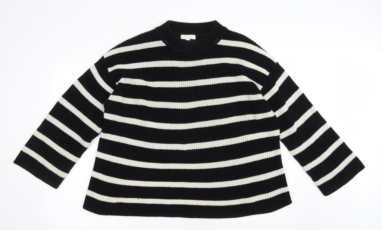 H&M Womens Black Round Neck Striped Cotton Pullover Jumper Size M