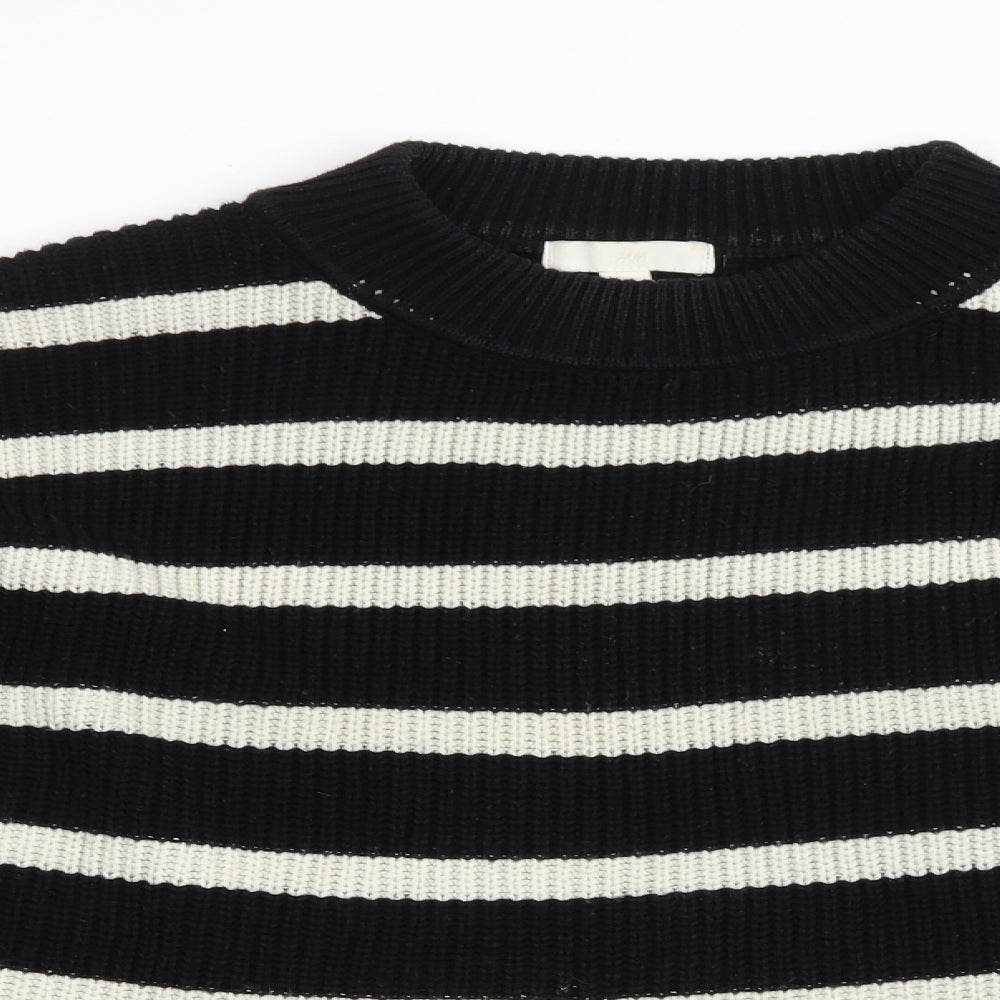 H&M Womens Black Round Neck Striped Cotton Pullover Jumper Size M