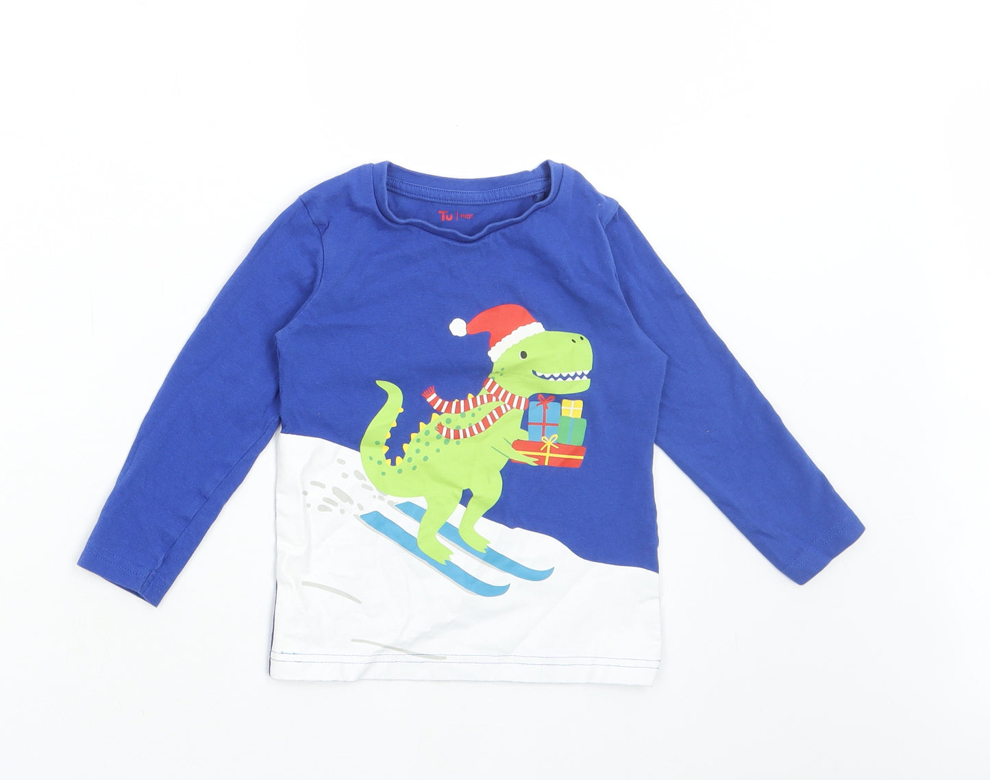 TU Boys Blue Cotton Basic T-Shirt Size 18-24 Months Round Neck Pullover - Christmas Dinosaur