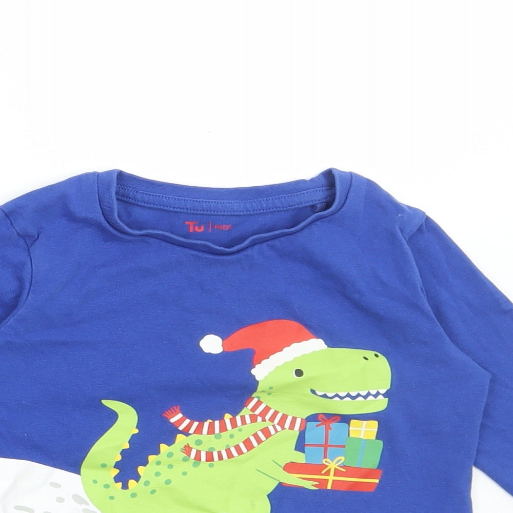 TU Boys Blue Cotton Basic T-Shirt Size 18-24 Months Round Neck Pullover - Christmas Dinosaur