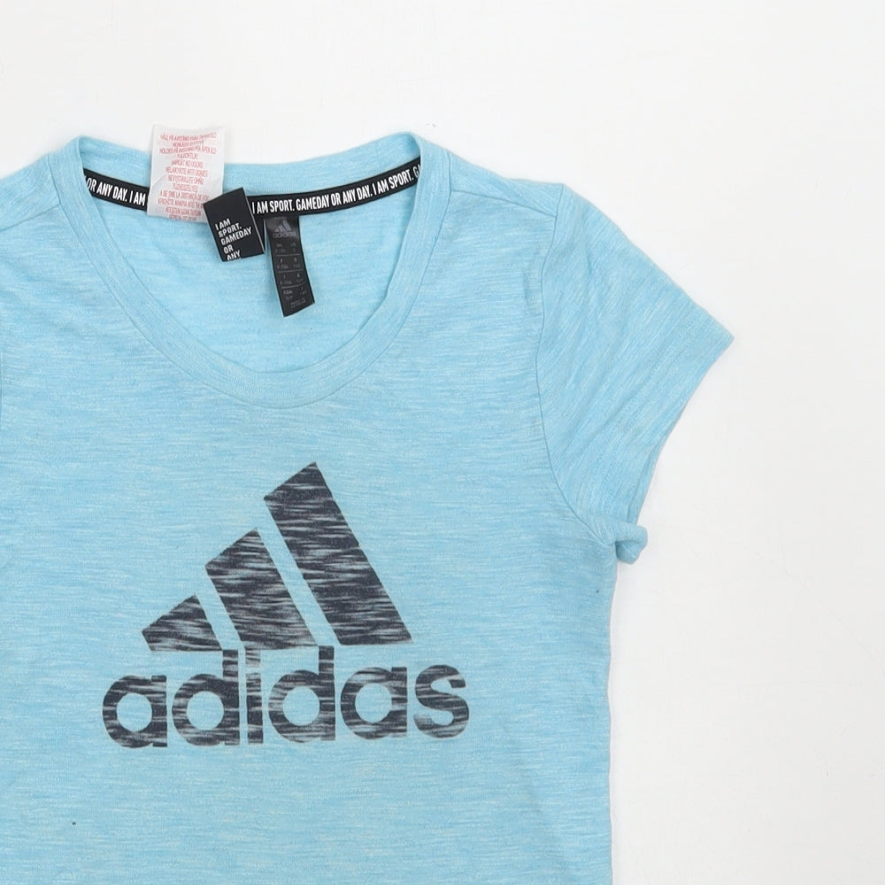 adidas Girls Blue Polyester Basic T-Shirt Size 9-10 Years Round Neck Pullover