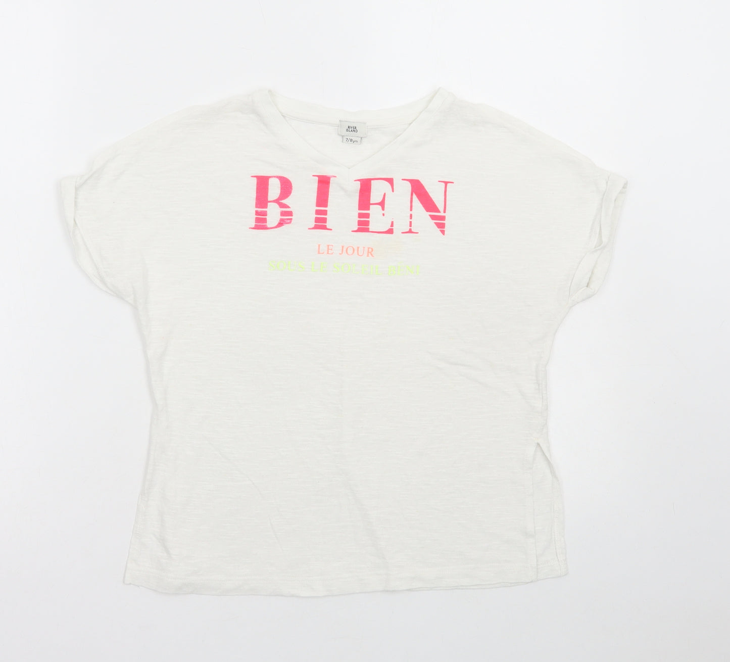 River Island Girls White Cotton Basic T-Shirt Size 7-8 Years Round Neck Pullover - Bien