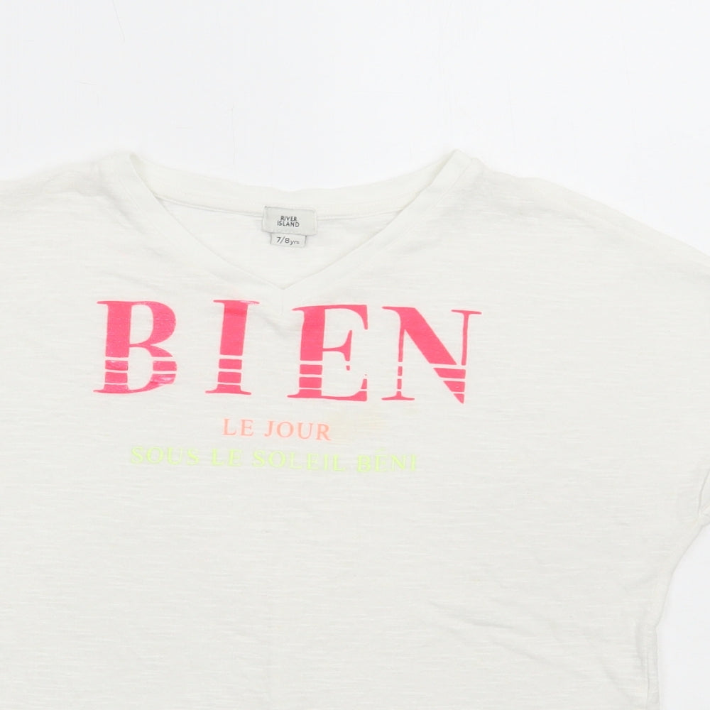 River Island Girls White Cotton Basic T-Shirt Size 7-8 Years Round Neck Pullover - Bien