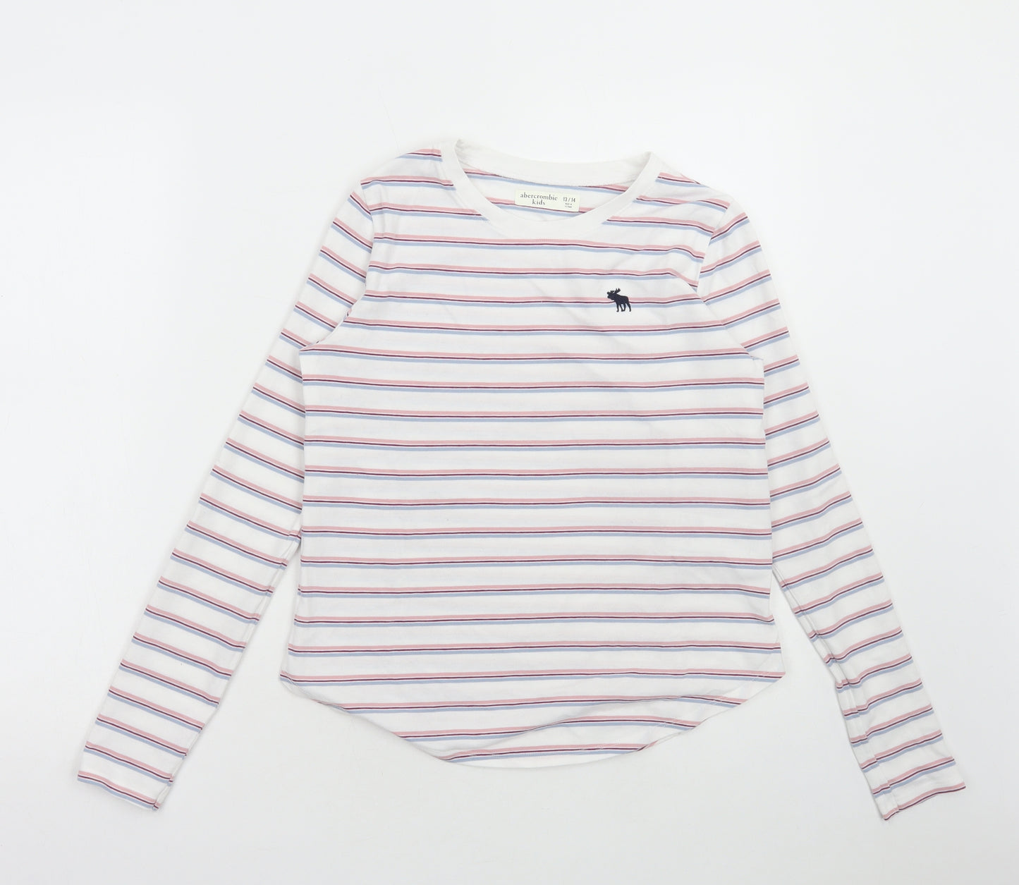 Abercrombie & Fitch Girls White Striped Cotton Basic T-Shirt Size 13-14 Years Round Neck Pullover