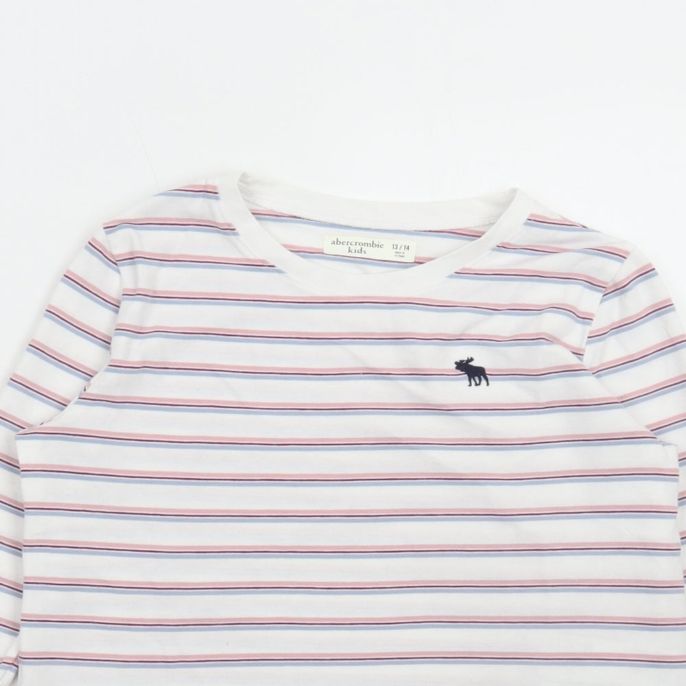 Abercrombie & Fitch Girls White Striped Cotton Basic T-Shirt Size 13-14 Years Round Neck Pullover