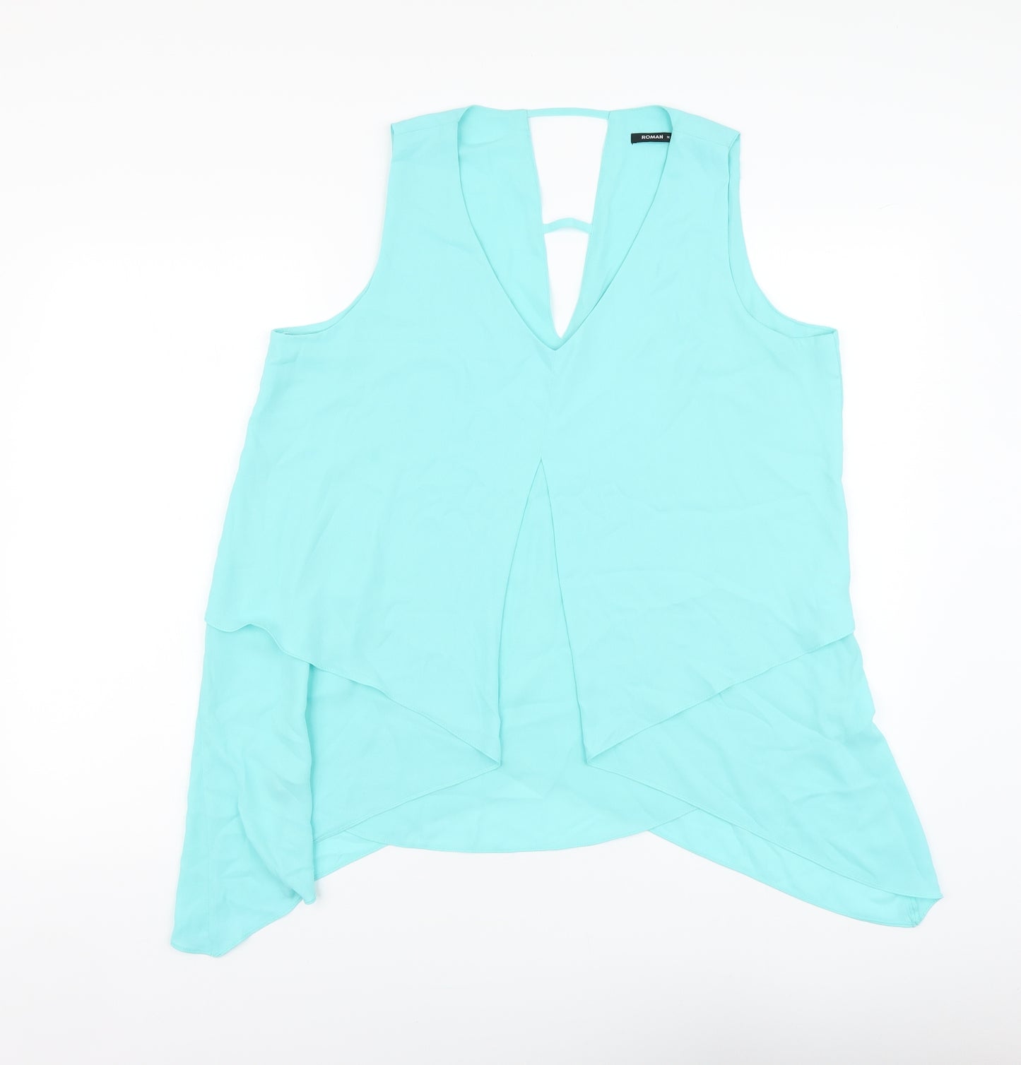 Roman Womens Blue Polyester Basic Blouse Size 16 V-Neck