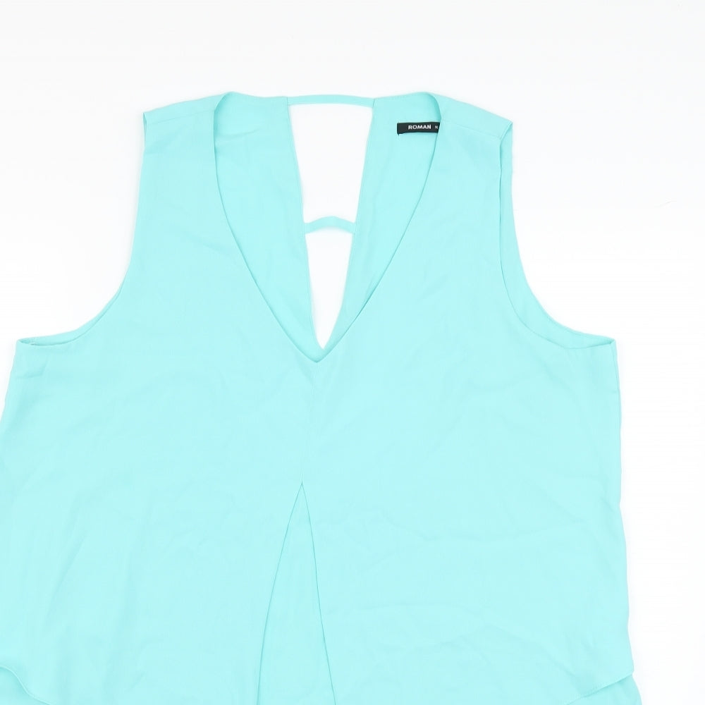 Roman Womens Blue Polyester Basic Blouse Size 16 V-Neck