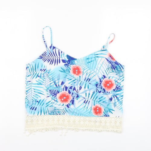 Real Chemistry Womens Blue Floral Polyester Cropped Tank Size 12 V-Neck