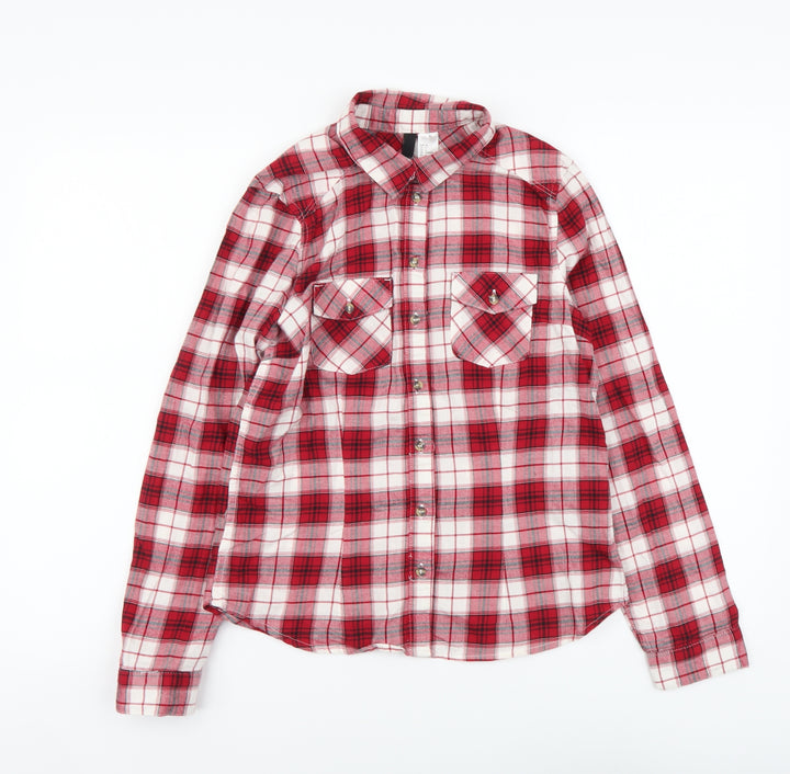 H&M Womens Red Plaid Cotton Basic Button-Up Size S Collared