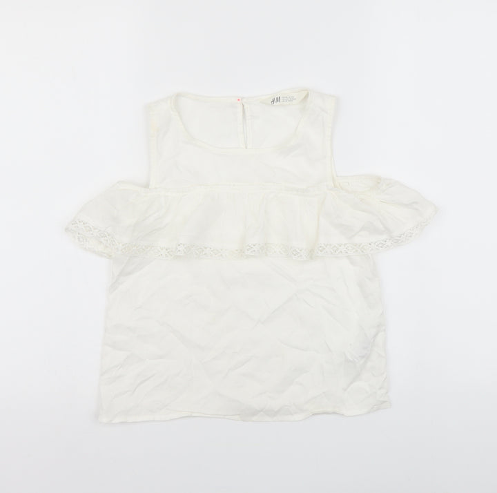 H&M Girls White Viscose Basic Tank Size 9-10 Years Round Neck Button