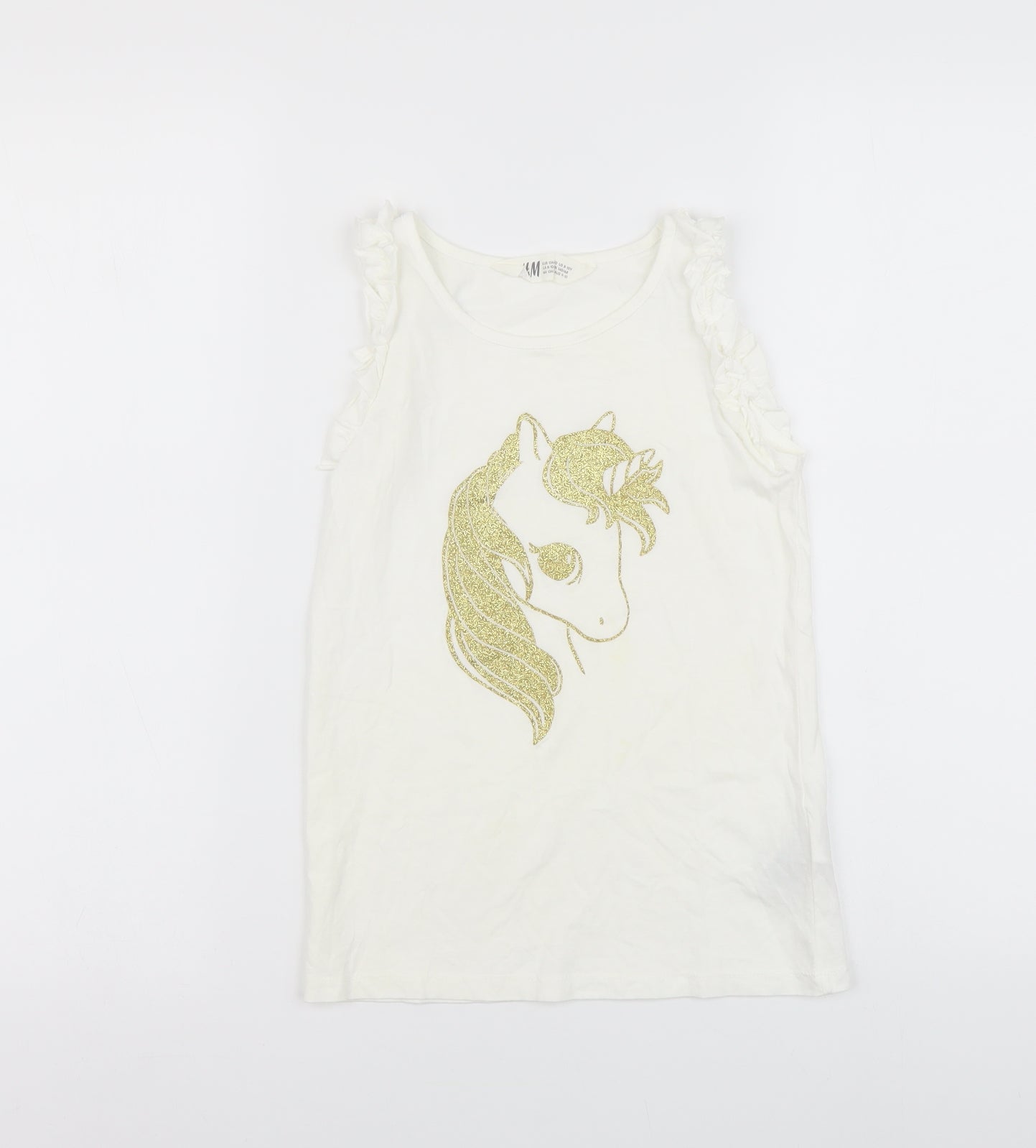H&M Girls White Cotton Basic T-Shirt Size 8-9 Years Round Neck Pullover - Unicorn