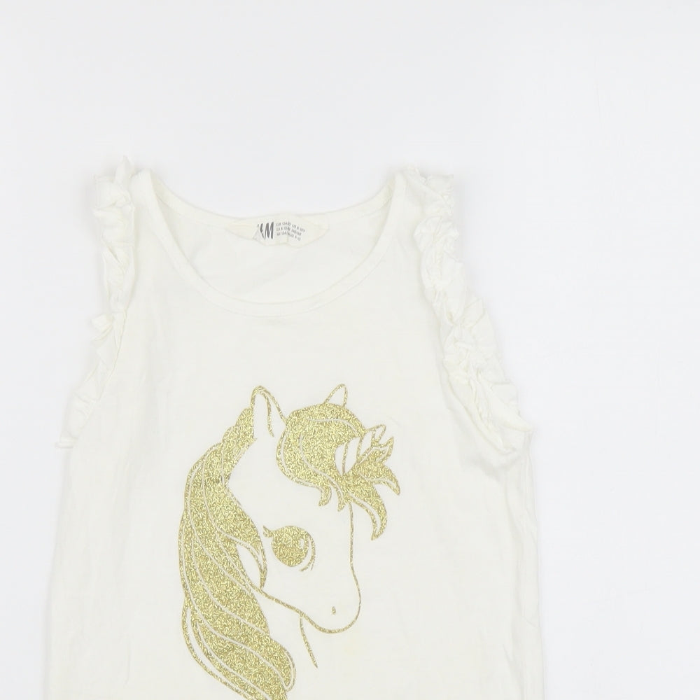H&M Girls White Cotton Basic T-Shirt Size 8-9 Years Round Neck Pullover - Unicorn