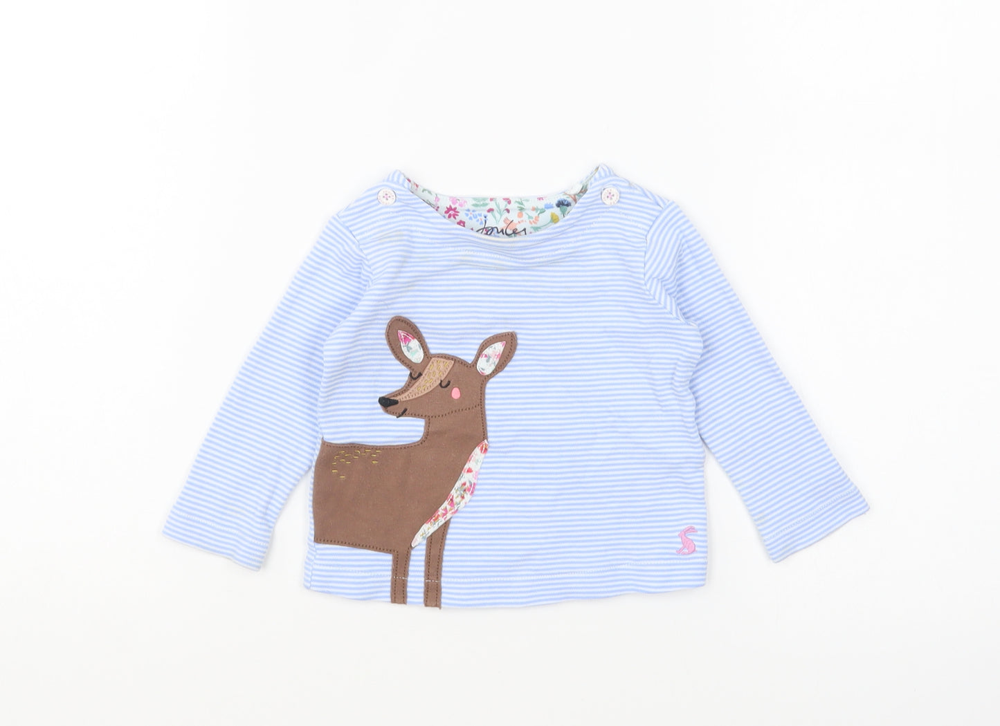 Joules Girls Blue Striped Cotton Basic T-Shirt Size 6-9 Months Round Neck Pullover - Deer
