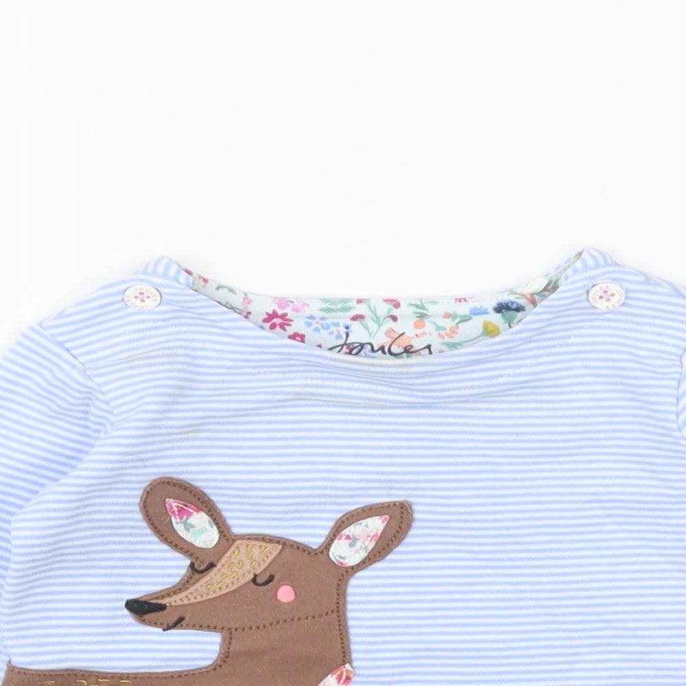 Joules Girls Blue Striped Cotton Basic T-Shirt Size 6-9 Months Round Neck Pullover - Deer