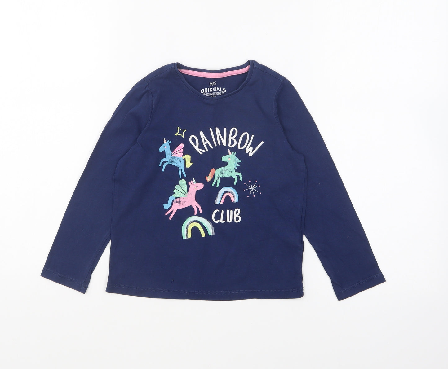Marks and Spencer Girls Blue Cotton Basic T-Shirt Size 4-5 Years Round Neck Pullover - Rainbow Club