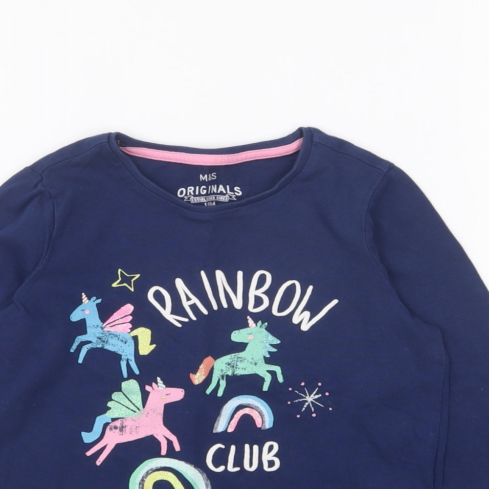 Marks and Spencer Girls Blue Cotton Basic T-Shirt Size 4-5 Years Round Neck Pullover - Rainbow Club