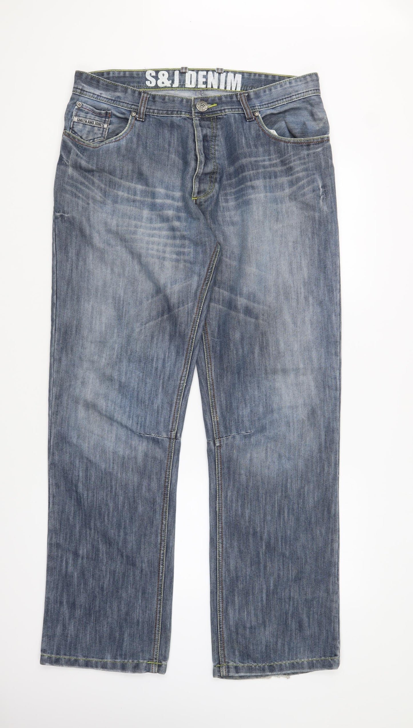 Smith & Jones Mens Blue Cotton Boyfriend Jeans Size 36 in L34 in Regular Button