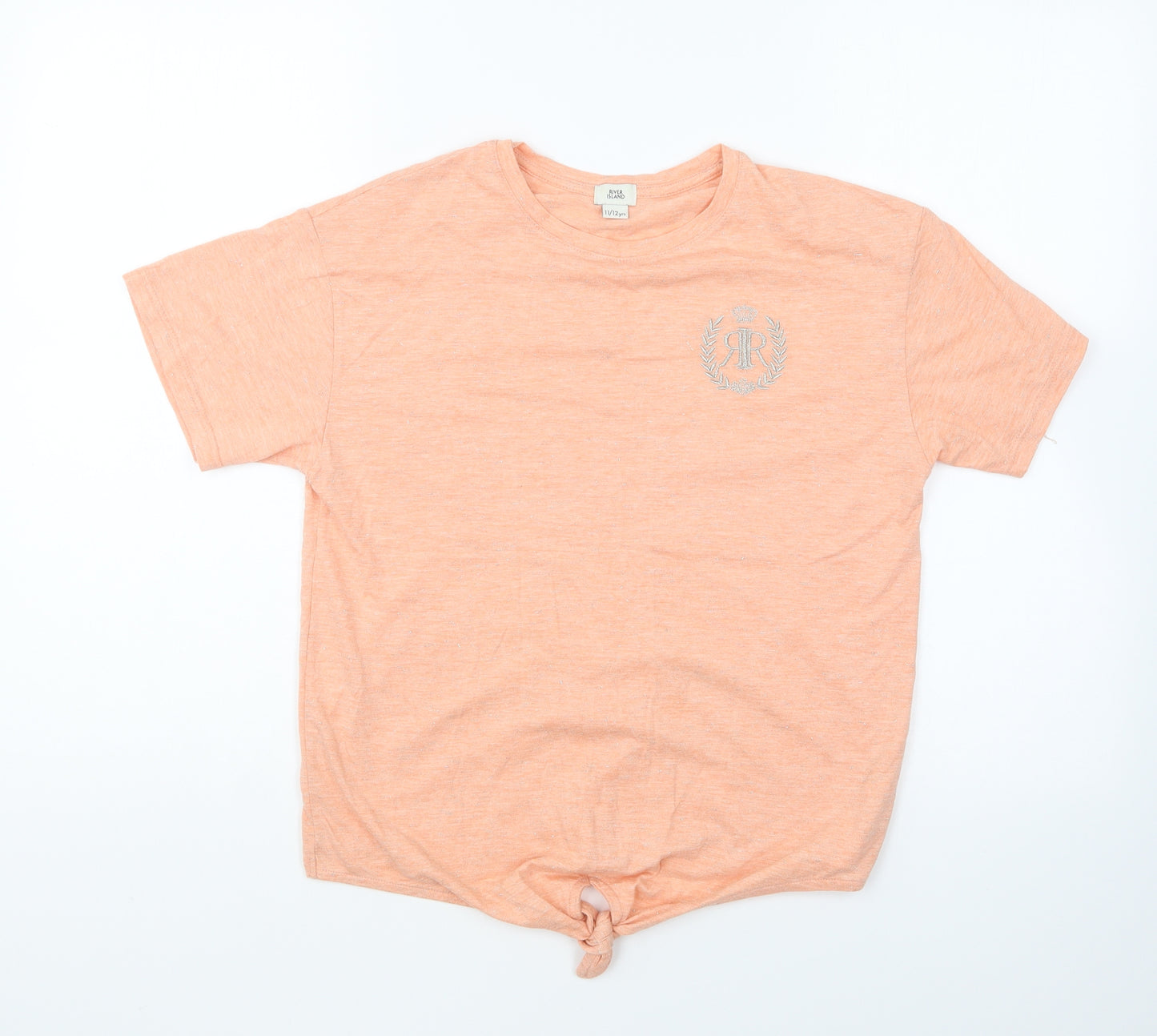 River Island Girls Orange Cotton Basic T-Shirt Size 11-12 Years Round Neck Pullover - Tie Front
