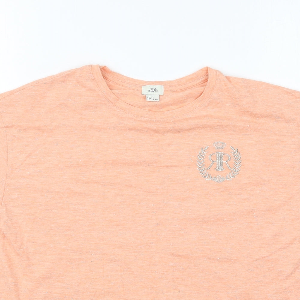 River Island Girls Orange Cotton Basic T-Shirt Size 11-12 Years Round Neck Pullover - Tie Front