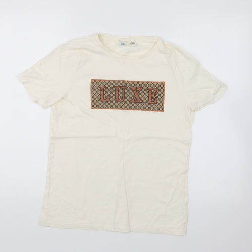 River Island Womens Ivory Cotton Basic T-Shirt Size 10 Round Neck - Luxe