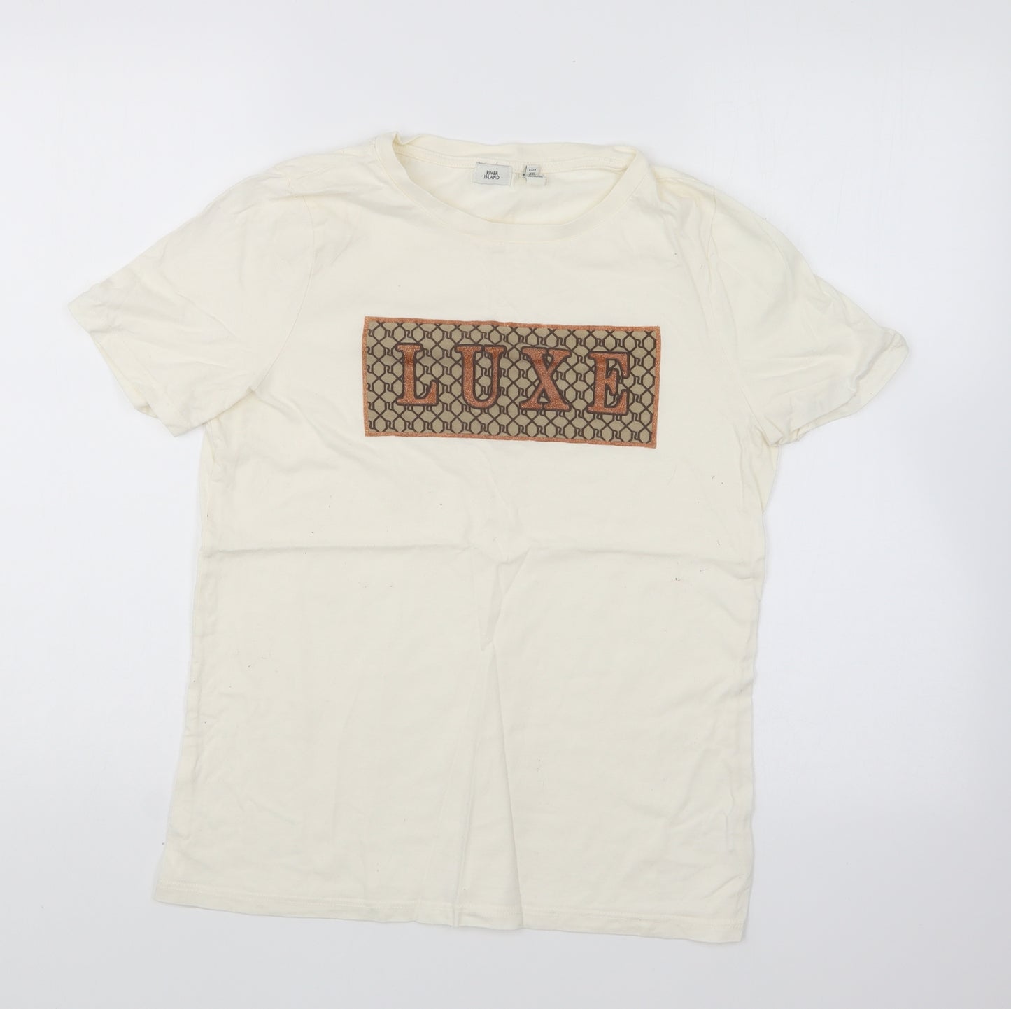 River Island Womens Ivory Cotton Basic T-Shirt Size 10 Round Neck - Luxe