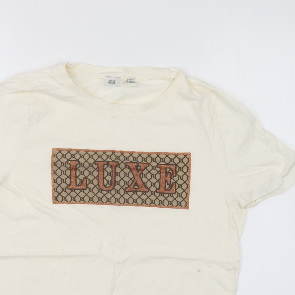 River Island Womens Ivory Cotton Basic T-Shirt Size 10 Round Neck - Luxe
