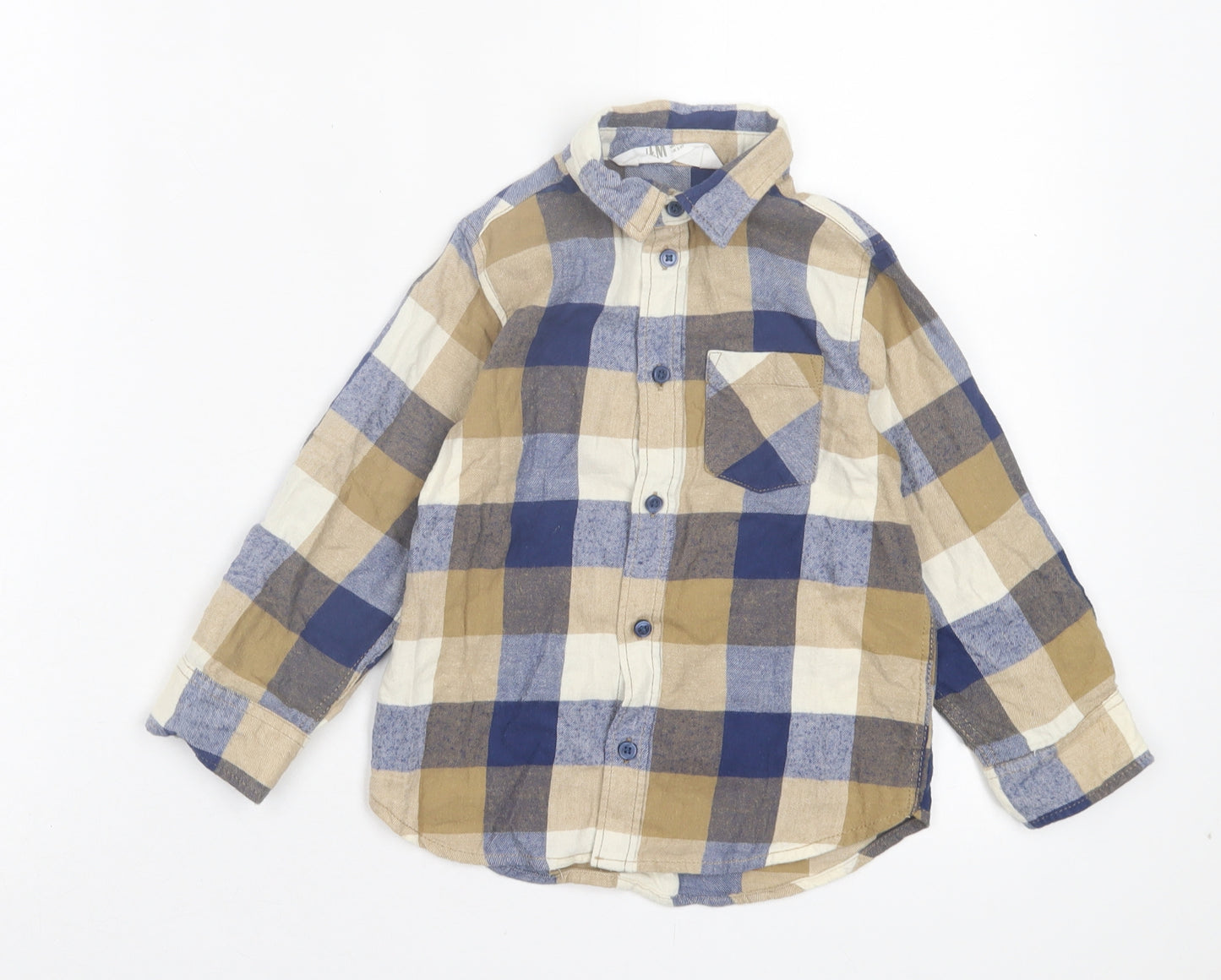 H&M Boys Brown Plaid Cotton Basic Button-Up Size 3-4 Years Collared Button